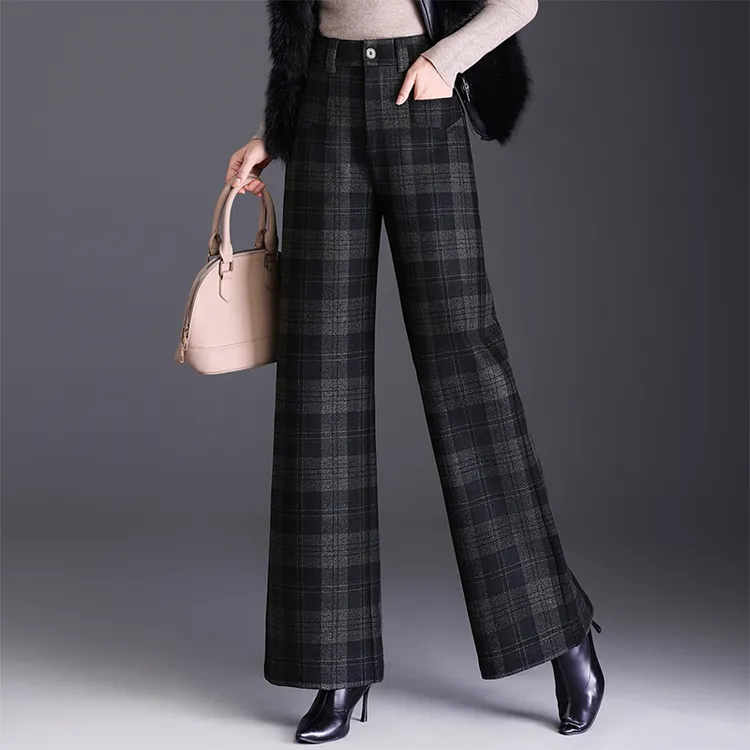 拉夏贝尔毛呢格子窄版阔腿裤女秋冬2025新款高腰垂坠感直筒休闲裤