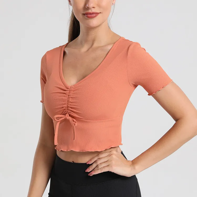 瑜伽T恤女士V领弹力修身显瘦健身短袖跑步运动训练普拉提短款上衣