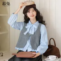 慕兔学院风蝴蝶结长袖衬衫女2025秋季新款针织背心马甲上衣两件套