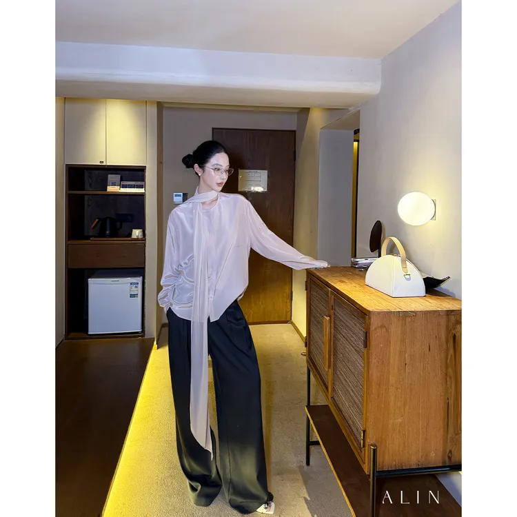 阿琳ALIN【悠闲派】早秋系带高腰显瘦直筒宽松西装阔腿裤女AL5ESK10