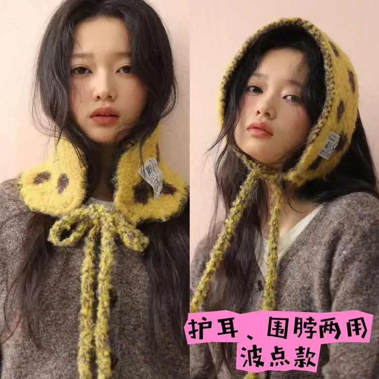 2025韩版波点毛绒耳罩女秋冬季时髦保暖百搭护颈领巾小围巾耳暖