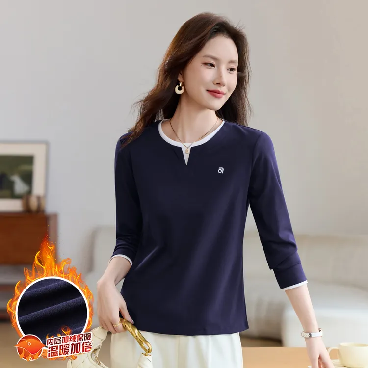 【加绒假两件长袖】2025秋冬爆款上衣女保暖遮肚显瘦百搭正肩打底衫