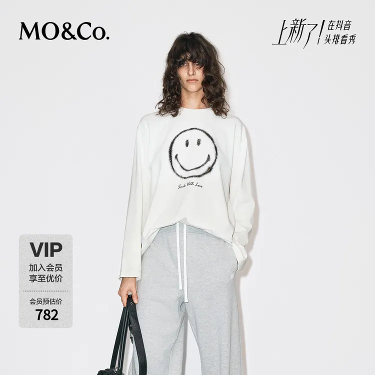 MOCO长袖T恤2025冬新品SMILEY联名系列棉笑脸印花烫钻MBE4TEET02