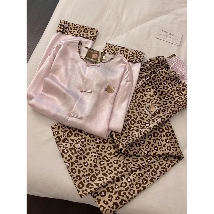 甜酷新中式豹纹黑皮kt睡衣女春秋2025新款长袖长裤家居服套装外穿