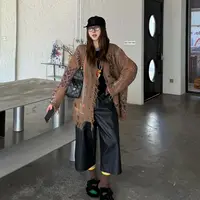 晶咕软软【复古秋日】琥珀流光咖色毛边流苏豹纹拼皮标针织外套