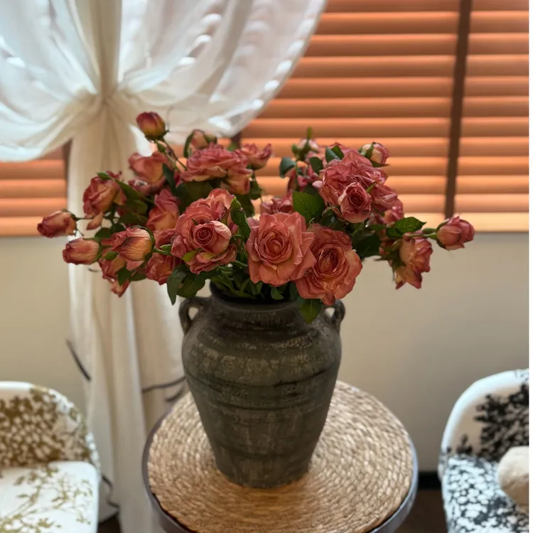 【推荐】法式油画焦边仿真玫瑰花假花复古插花客厅餐厅餐桌摆件装饰