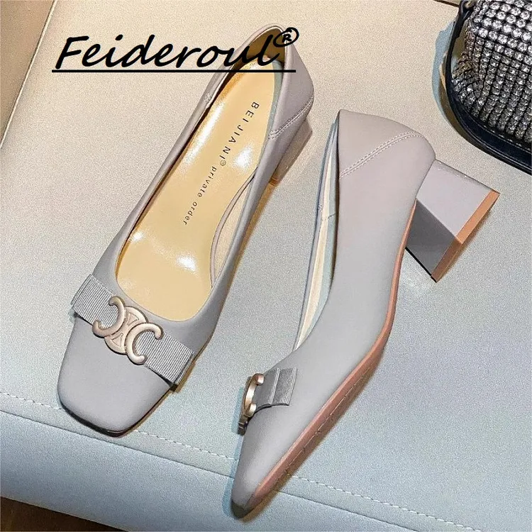 Feideroul法式小香风方头粗跟单鞋2025气质软底舒适百搭高跟鞋