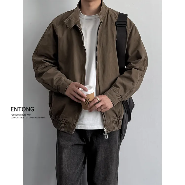 Entong美式复古做旧立领工装夹克男秋季美拉德宽松休闲哈灵顿外套