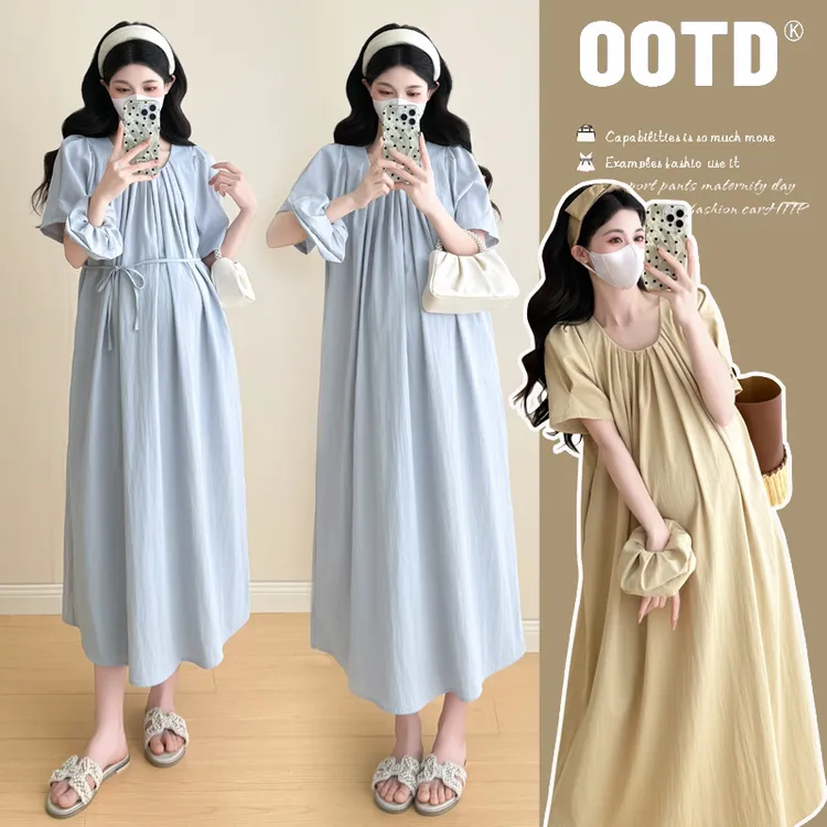 孕妇大码显瘦法式风长裙短袖A字裙常规连衣裙过膝夏季辣妈洋气