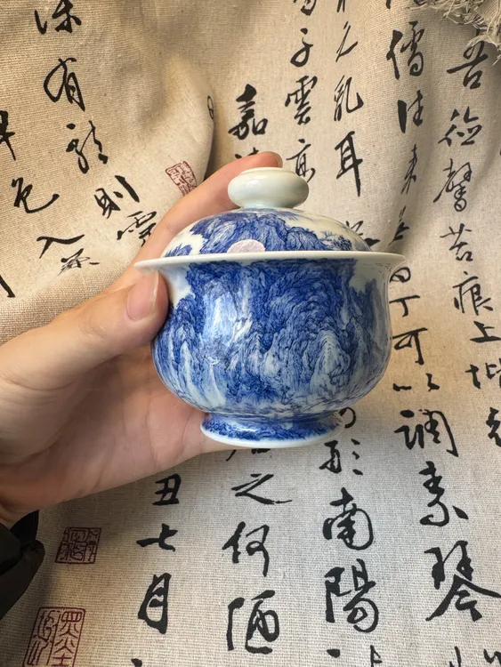 重工宋画山水系列景德镇青茶重工盖碗