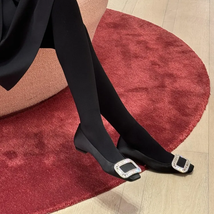 羊皮版~绝美水钻方扣真皮小跟鞋女法式方头玛丽珍单鞋瓢鞋晚晚鞋