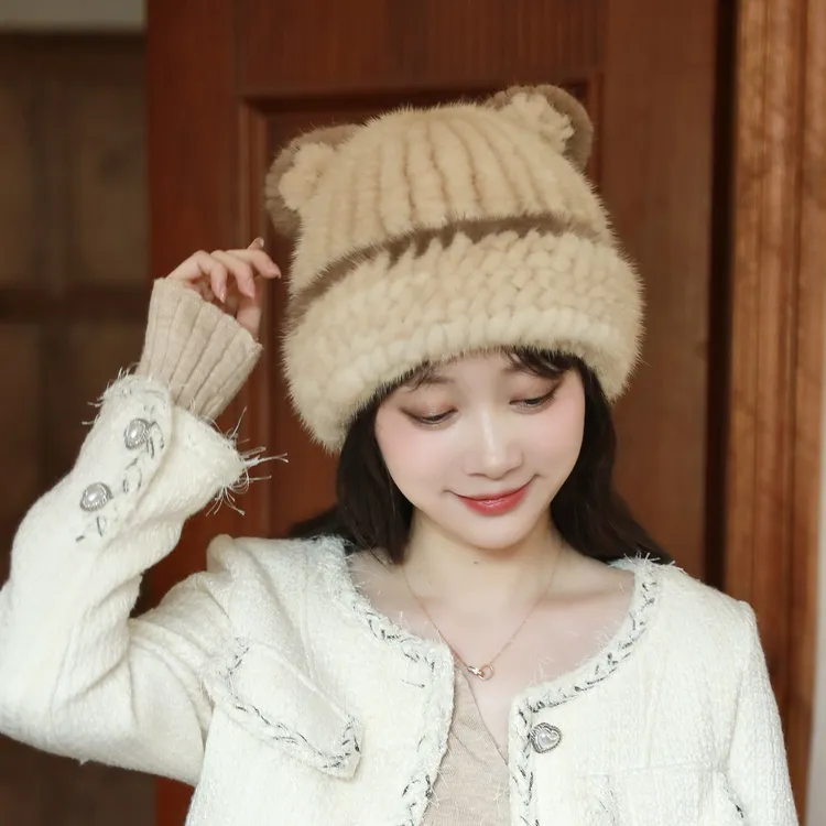 秋冬真水貂毛保暖可爱小熊耳朵皮草卡通帽子貂皮编织女加厚毛线帽