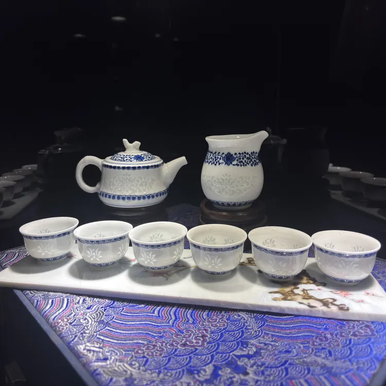 青花玲珑瓷 茶泡八件套 省非遗大师江生元作品 超薄玉泥胎 手绘 