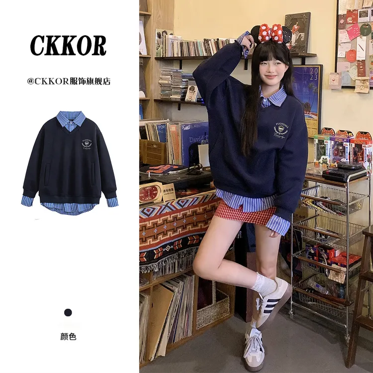 CKKOR美式复古风条纹假两件卫衣女春秋新款Polo领学院风长袖外套