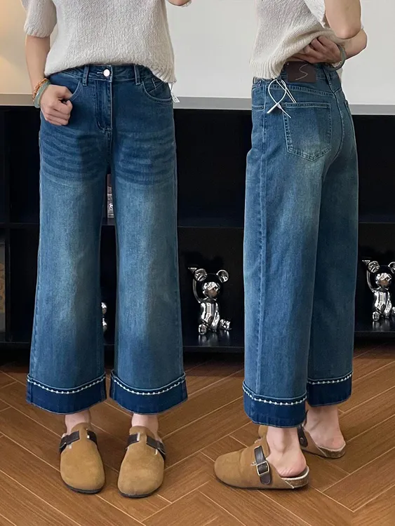 蓝色刺绣翻边直筒牛仔裤女秋季新款大码胖mm高腰显瘦九分烟管裤子