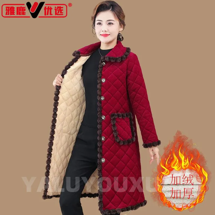 雅鹿优选妈妈冬装棉衣加绒加厚中老年灯芯绒棉服外套中长款居家保