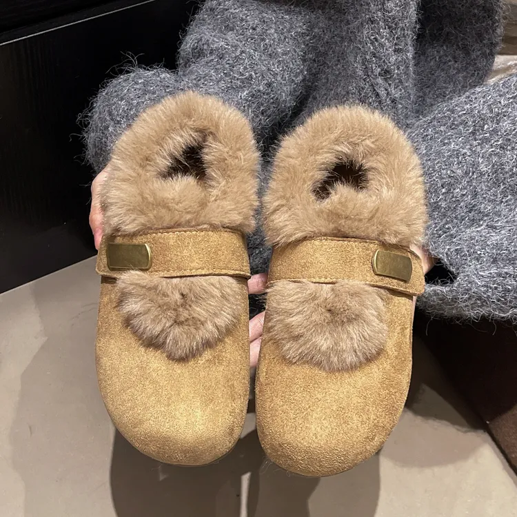 毛毛勃肯鞋女2025秋冬新款保暖加绒防滑包跟舒适百搭软底时尚棉鞋