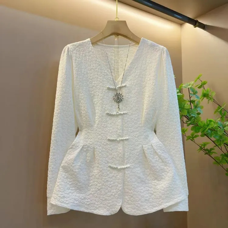 新款时尚国风显瘦V领盘扣设计长袖百搭上衣