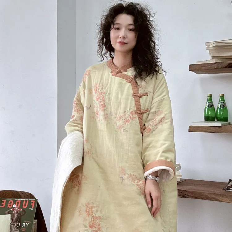 冬季新款宽松印花字母加厚款棉服棉衣文艺中长款长袖中式袍子9230