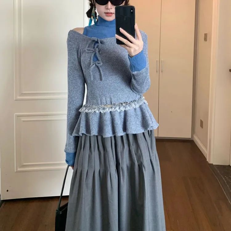 三件套装设计蕾丝拼接高领长袖打底衫女春秋毛衣半身百褶裙子
