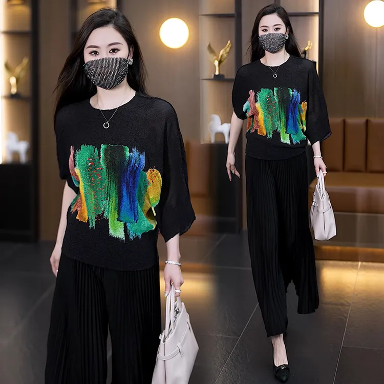 2025夏季新款时尚洋气运动休闲套装圆领宽松显瘦上衣+长裤两件套