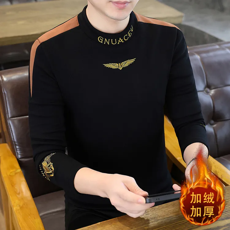 马年定制款男士加绒加厚卫衣半高领修身潮流秋冬季保暖男卫衣打底