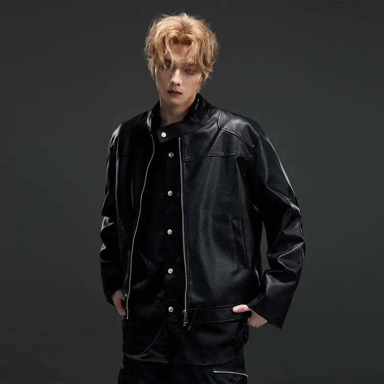 美式短款机车皮衣男痞帅秋季潮牌宽松痞帅立领PU皮夹克情侣外套