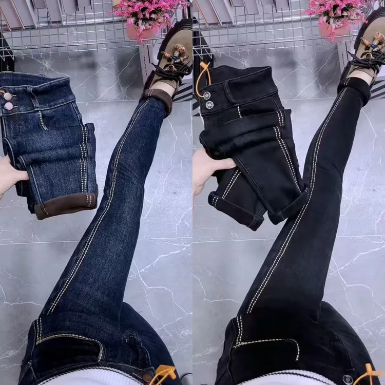 72210加长款明线加绒牛仔小脚裤（无腰带） 