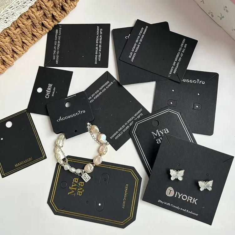 高档黑卡项链耳饰卡纸订做logo烫金烫银首饰包装卡片批发发夹背卡