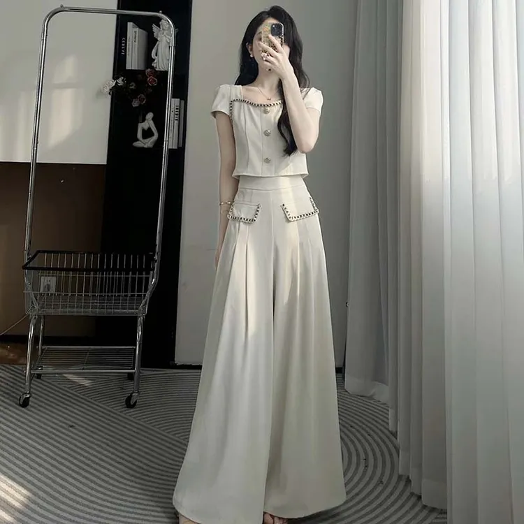 【两件套】25夏季新气质时尚高级收腰显瘦上衣+裤子套装D2204