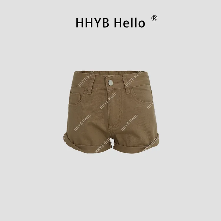 HHYB Hello2025新款时尚百搭款短裤中腰卷边直筒牛仔短裤Q254097