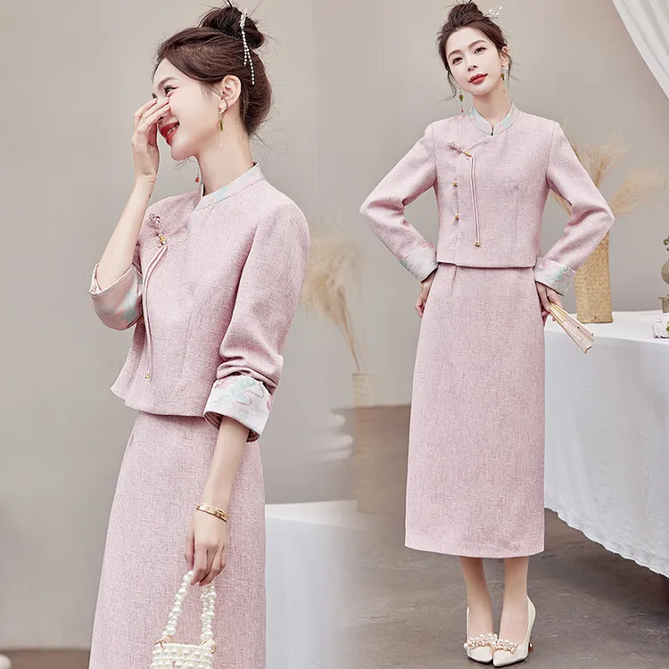 极简风时尚套装连衣裙长袖唐装时尚女装复古套装显瘦小香风显瘦