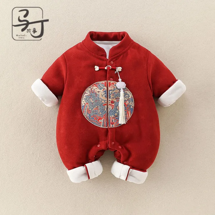 婴儿衣服秋冬装连体衣男宝宝夹棉国风拜年服满月百天抓周岁宴礼服