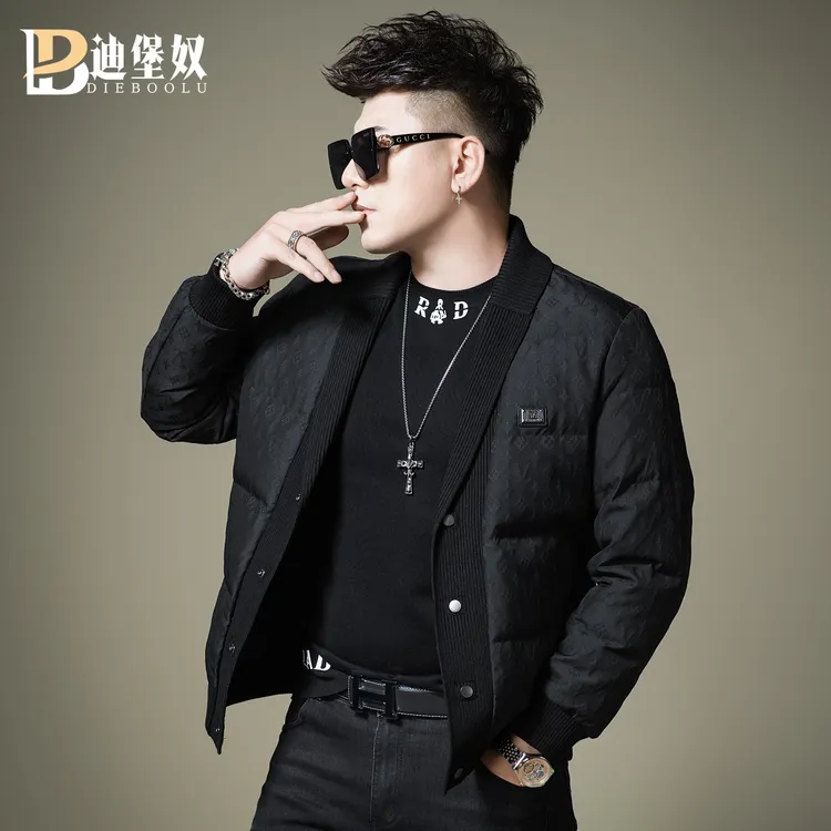 欧洲站新款潮牌针织翻领羽绒服男装冬季短款徽章外套保暖防寒服