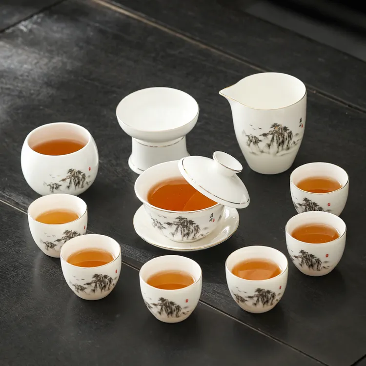 巅峰羊脂玉悬停盖碗白瓷功夫泡茶杯具套装高端全套办公室家用整套