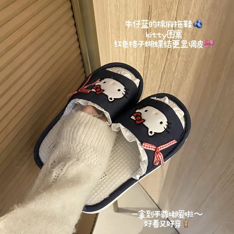 新款可爱亚麻kitty布艺凉席软底拖鞋居家透气吸汗防滑踩屎感拖yw