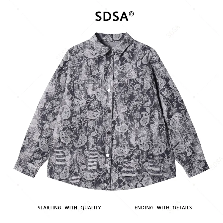 SDSA男士秋冬新款痞帅男装腰果花牛仔翻领长袖村衫磨破设计衬衣