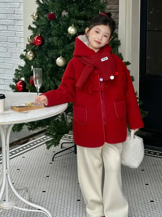 拉链秋冬套装童装冬季中大童韩版红色毛呢加厚女童洋气时尚女孩