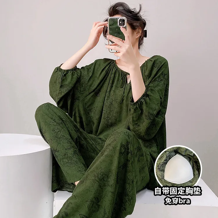 【防凸点带胸垫套装】新款春秋季棉绸宽松大码家居服