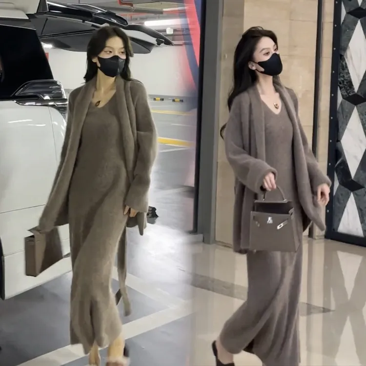 2025秋冬新款慵懒风套装美拉德宽松外套女搭长款吊带连衣裙两件套