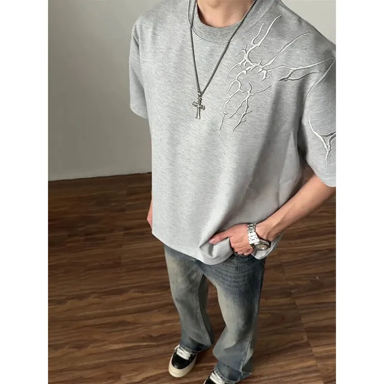 280G重磅空气层闪电荆棘刺绣T恤cleanfit正肩短宽boxy高级感短袖