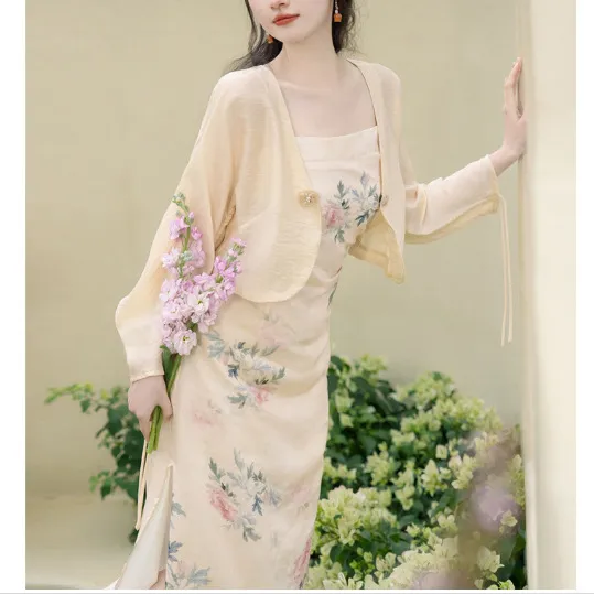 doumpp新中式复古国风吊带连衣裙两件套装显瘦长裙夏新款2023小个