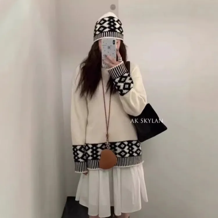 韩风chic创意图案提花毛衣女春秋冬宽松慵懒风软糯别致百搭针织衫