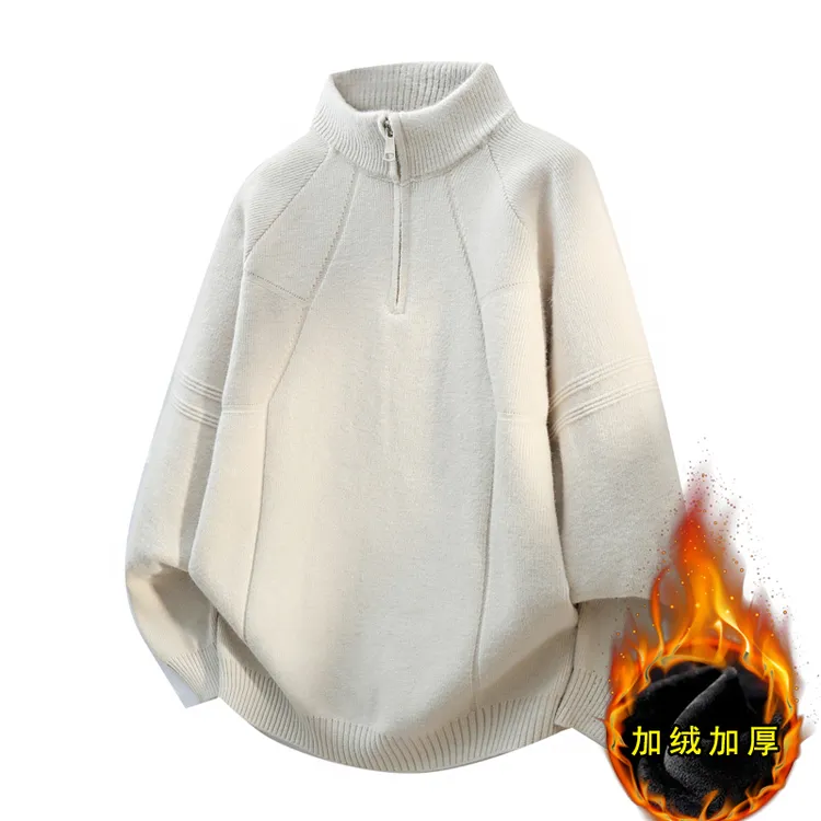 秋冬新款青少年纯色半高领半拉链针织衫学生加绒加厚保暖帅气毛衣