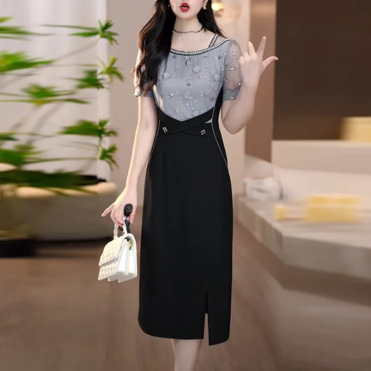 星空精纺高级感轻奢女装2025夏季新款黑色减龄洋气质短袖连衣裙子