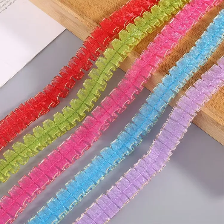 2.5cm双金边鱼骨褶皱雪纱带手工DIY花边饰品材料