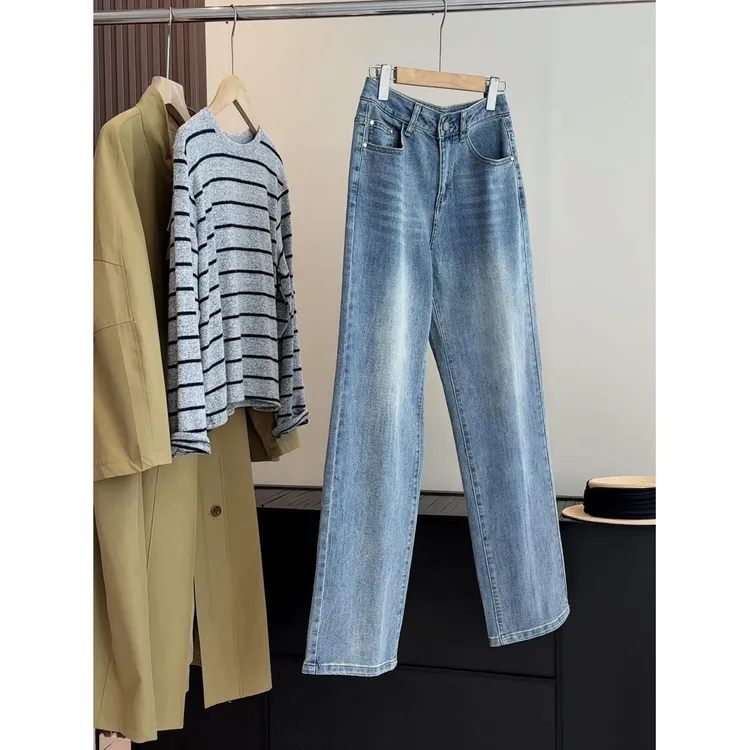 棉70% 窄版牛仔裤女秋冬季显瘦水做旧百搭阔腿直筒长裤