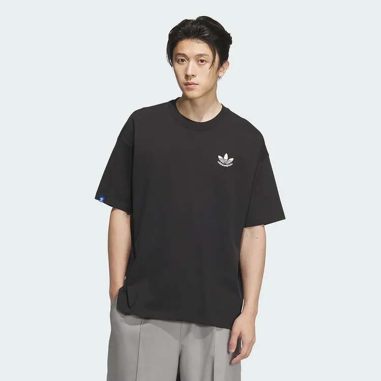 adidas阿迪达斯三叶草短袖T恤2025春夏棉质黑色印花半截袖JN1669
