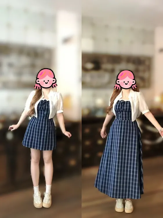 胖mm 星奈复古格纹吊带微胖大码收腰连衣裙套装