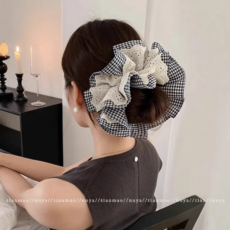 格纹双层蕾丝大肠发圈女2025新款法式镂空丸子头发绳扎头皮筋头绳